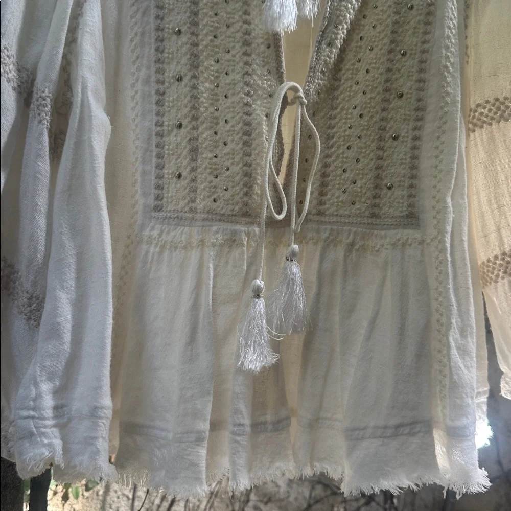 Free People Wildlife Embroidered 3/4 Sleeve Top